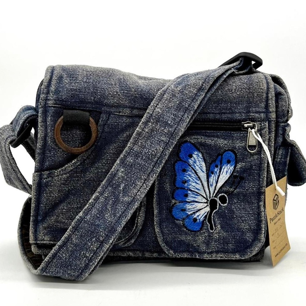 Cotton Messenger Bag Crossbody Unisex Stonewashed Finish Washable Bag Butterfly